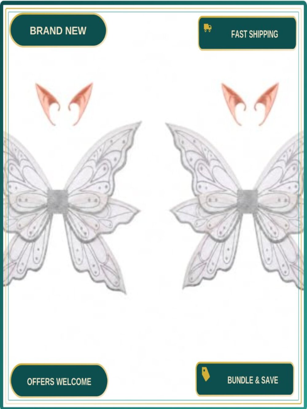 Set of 2 Glitter Fairy Wings with Elf Ears, Organza Costume Accessory for Women